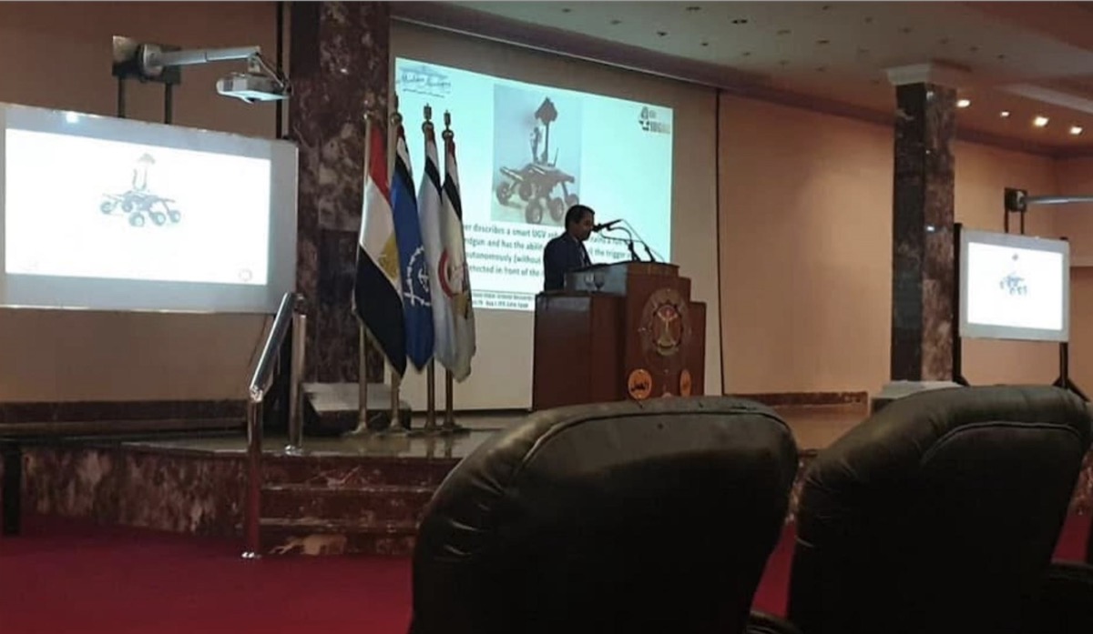 That's me — presenting my UGV graduation project at the Military Technical College.